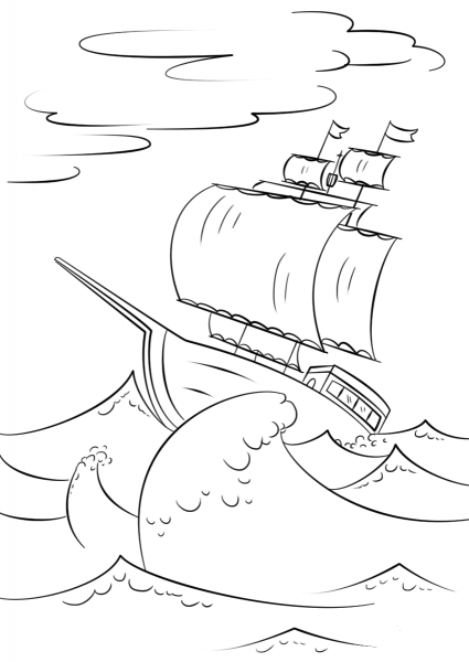 Sailing Ship on Huge Ocean Waves coloring page image