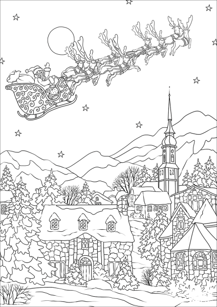 Saint Nickolas flies away over Christmas village coloring page image