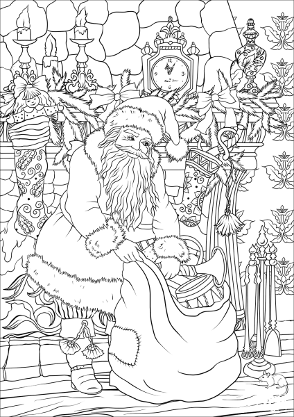 Saint Nickolas opening his bag of presents coloring page image