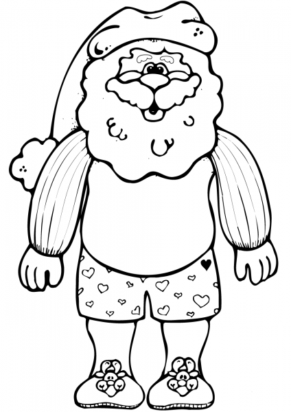 Sant Claus in his Underwear, Slippers and Hat coloring page image