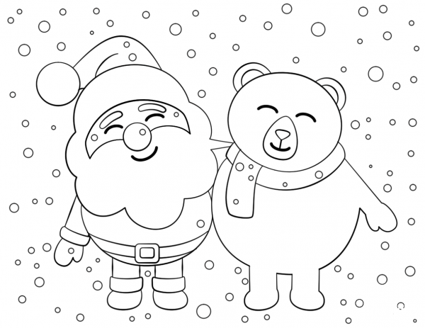 Santa and Bear coloring page image