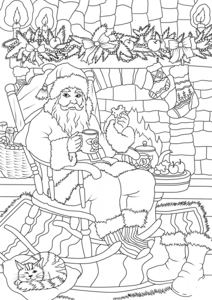 Santa Claus Drinking Tea with Cookie While Soaking up in Front of the Fireplace coloring page image