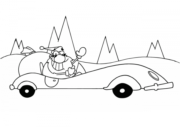 Santa Claus Driving a Car coloring page image