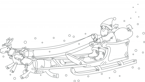 Santa Claus in Sleigh Pulled by Reindeer coloring page image