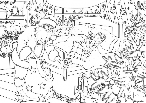 Santa Claus is Delivering Presents Under the Christmas Tree While a Little Boy is Sleeping coloring page image