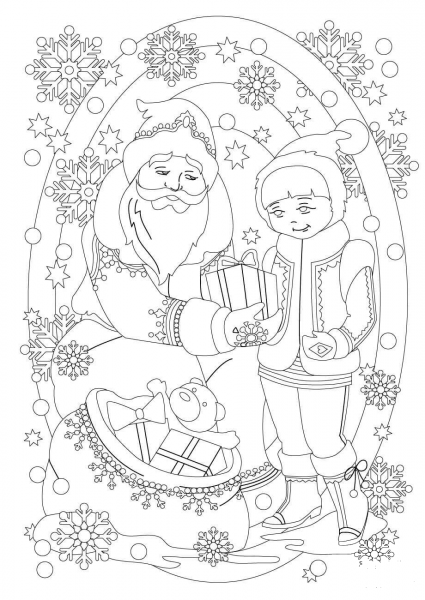 Santa Claus is Giving a Present to a Girl coloring page image