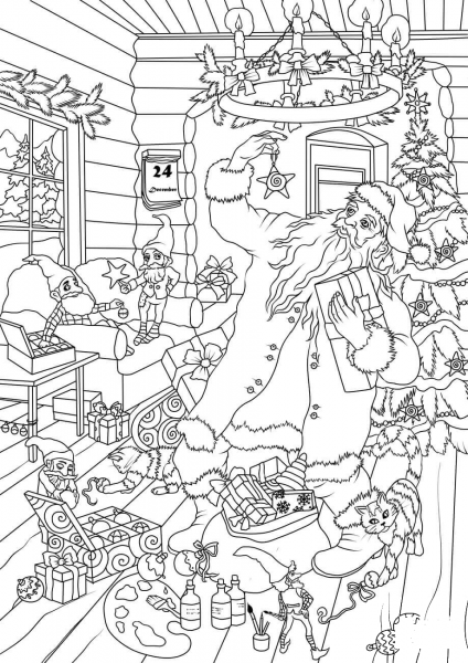 Santa Claus with Christmas Elves are Choosing Presents for Children coloring page image
