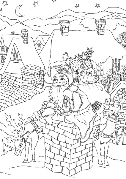 Santa Claus with Presents is Entering the House Via the Chimney coloring page image
