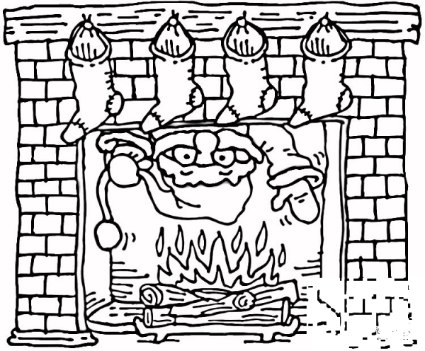 Santa coming out of the Christmas fireplace coloring page image