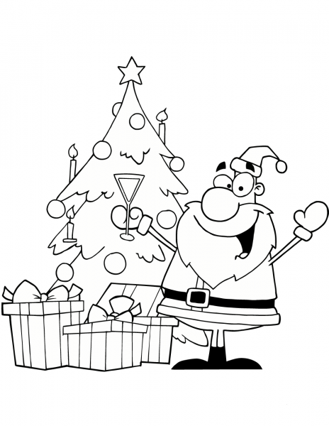 Santa Drinking Champagne by a Christmas Tree coloring page image