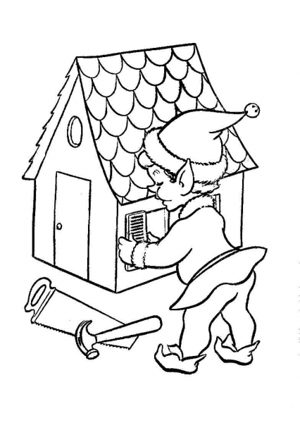 Santa elf is working on doll house coloring page image