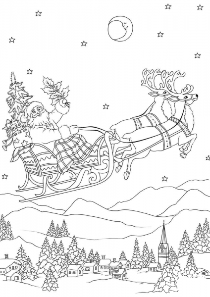 Santa Flying in His Sleigh Pulled by Reindeers at Night coloring page image