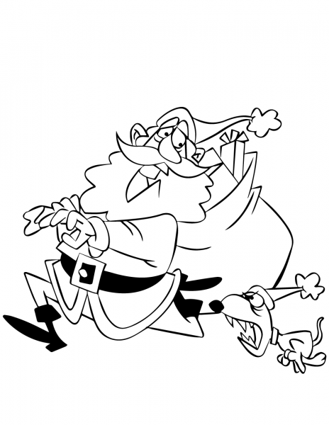 Santa Getting Chased by Small Dog coloring page image