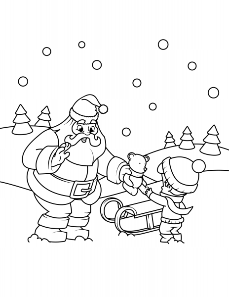 Santa Gives a Gift to a Boy coloring page image