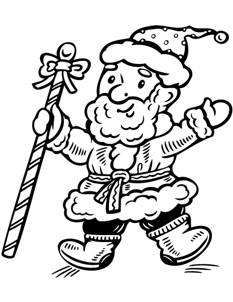 Santa Holding a Big Candy Cane coloring page image