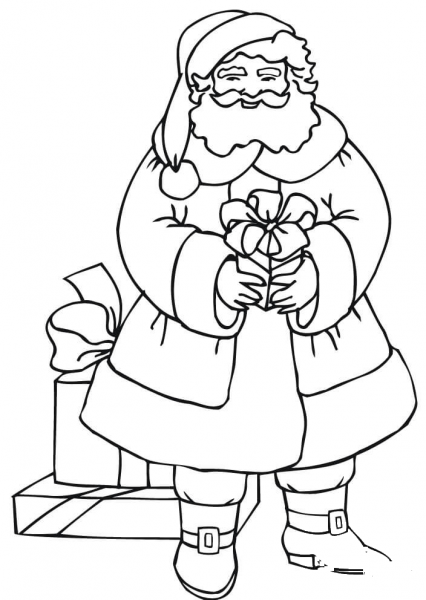 Santa Holding a Gift coloring page image