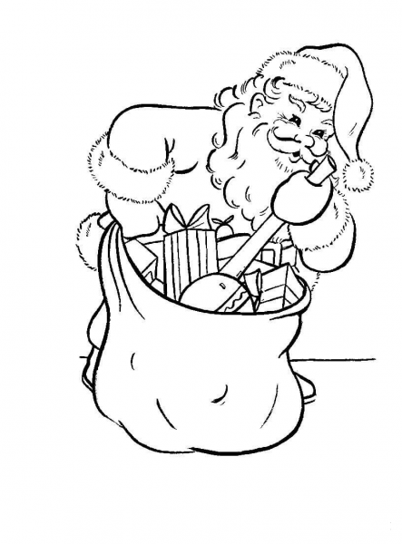 Santa is busy packing his bag  coloring page image