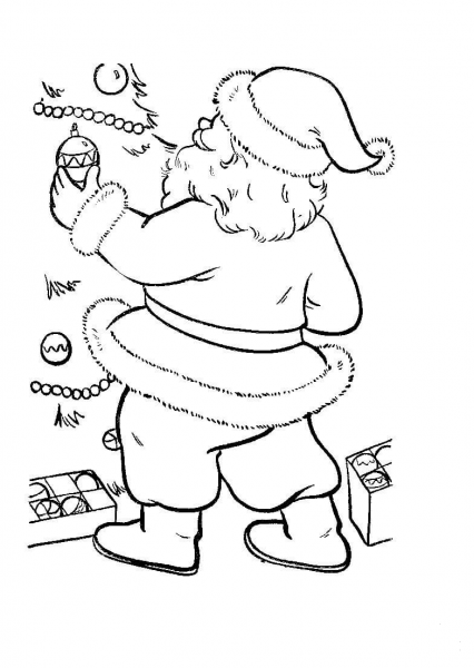 Santa is decorating Christmas tree coloring page image