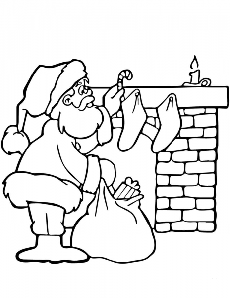 Santa Near Fireplace coloring page image