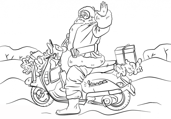 Santa on a Motorcycle coloring page image