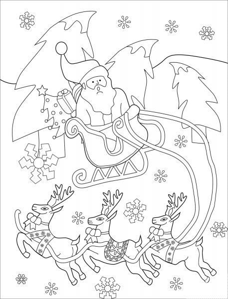 Santa on His Sleigh with Reindeers coloring page image