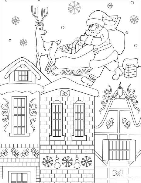 Santa on Rooftop coloring page image