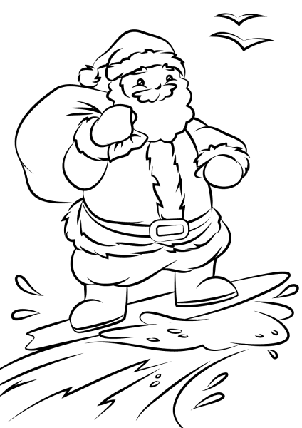 Santa Surfing coloring page image