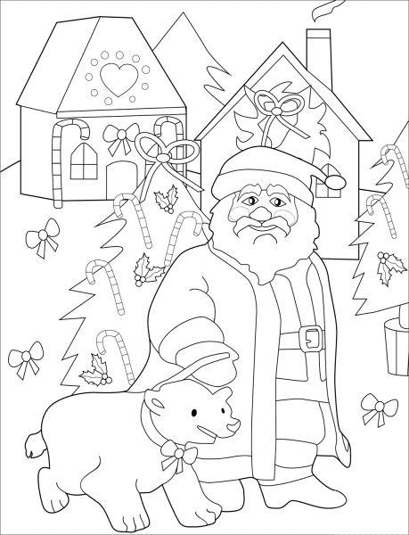 Santa with Bear coloring page image