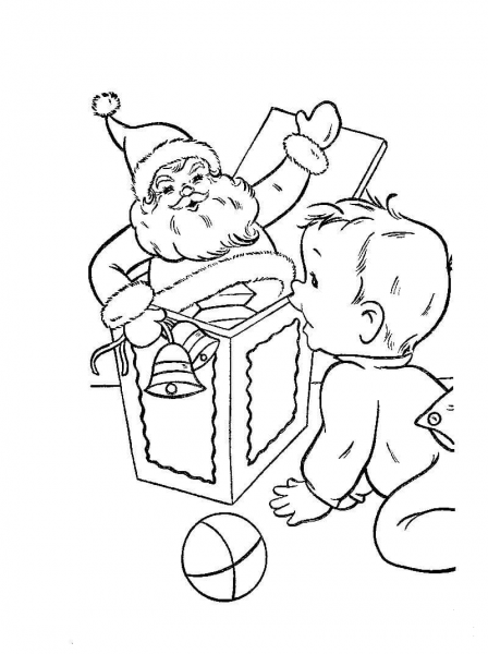 Santa with little boy and presents coloring page image