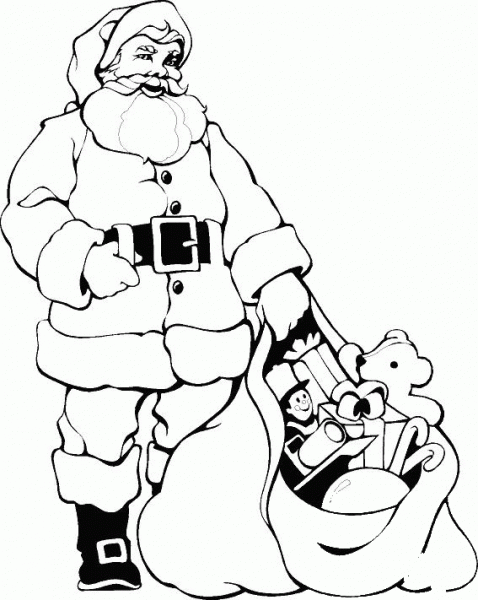 Santa with the bag of presents coloring page image