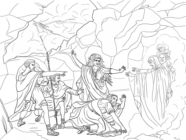 Saul and Witch of Endor coloring page image