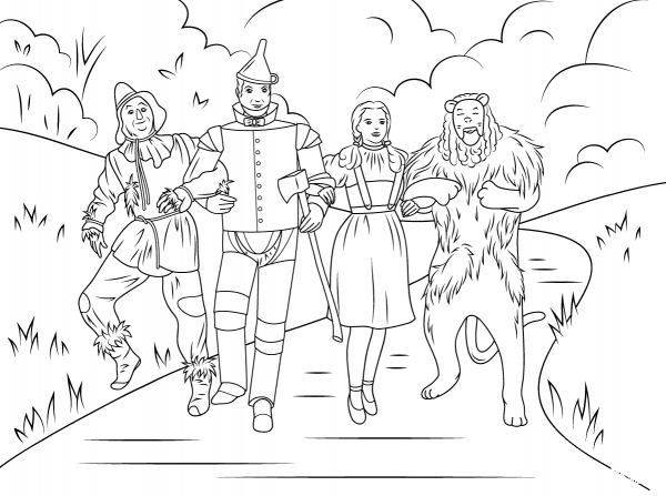 Scarecrow, Tin Man, Dorothy And Cowardly Lion coloring page image