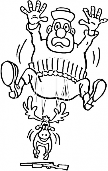 Scared Hunter and Elk coloring page image