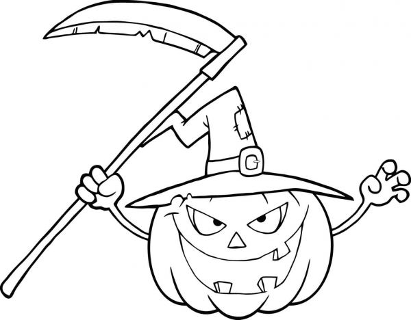 Scary Halloween Pumpkin with a Witch Hat and Scythe coloring page image
