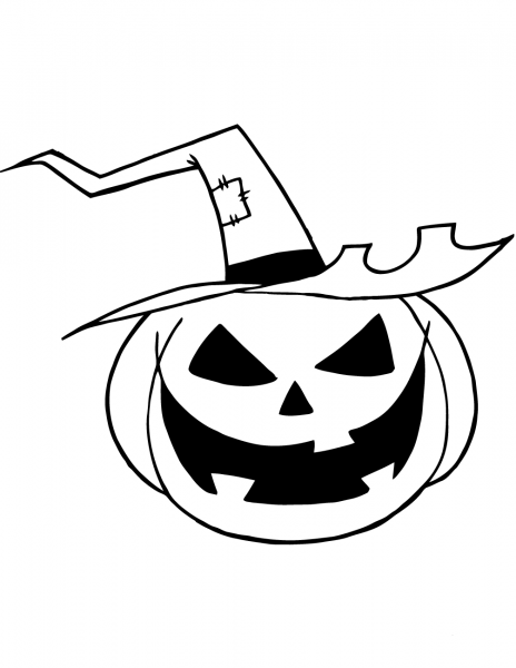 Scary Jack-O’-Lantern with a Witch Hat coloring page image