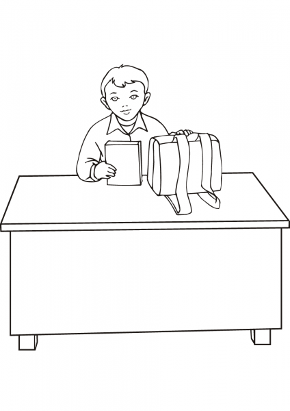 School Boy Sitting at the Desk coloring page image