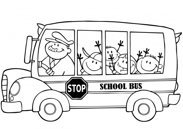 School Bus with Happy Children coloring page image