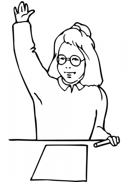 School Girl Raising Hand coloring page image