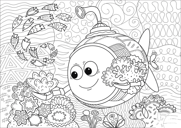 Scientific Bathyscaphe Doing Research of Coral Reef Ecosystem coloring page image