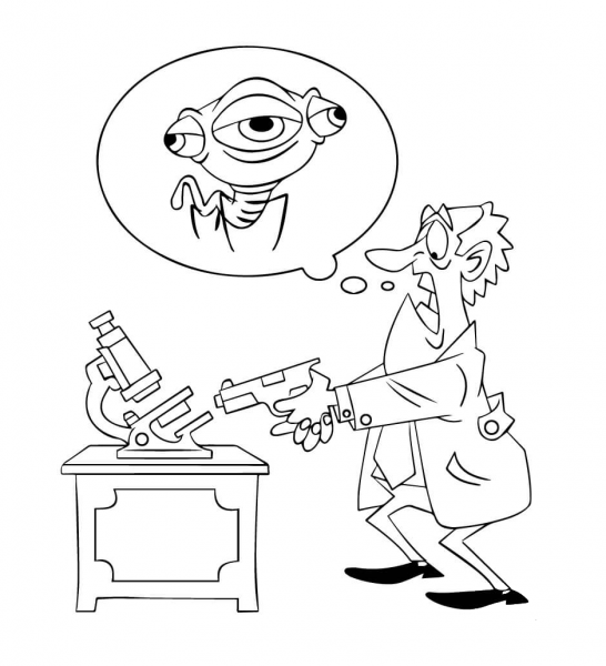 Scientist Shooting at His Microscope coloring page image