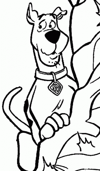 Scooby Doo hiding behind a tree coloring page image