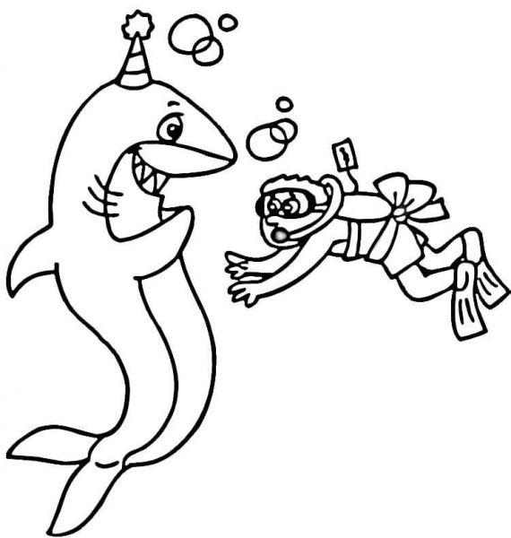 Scuba Diver and a Happy Shark coloring page image