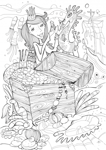 Sea Horse and Princess Mermaid Found Treasure coloring page image
