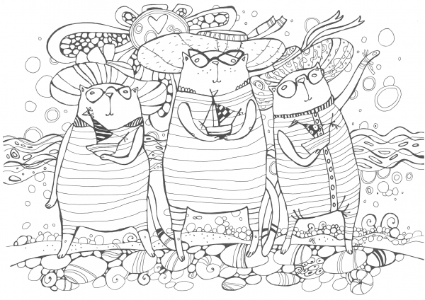 Sea, Sun and Cats coloring page image