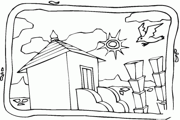 Seagull above the town coloring page image