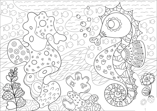Seahorse and Its Coral Reef Imitator coloring page image