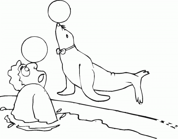 Seal Play The Ball With A Man coloring page image