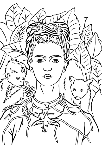 Self Portrait with Necklace of Thorns by Frida Kahlo  coloring page image