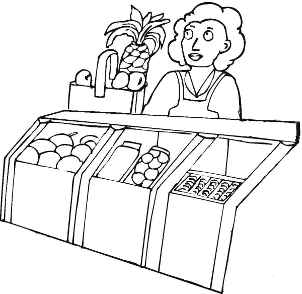 Seller In The Grocery Shop  coloring page image