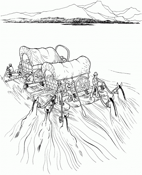 Settlers Navigate a River on a Raft with Covered Wagons coloring page image